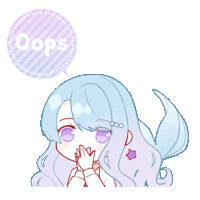 a girl with blue hair has a speech bubble that says oops on it