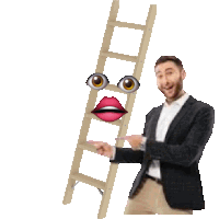 a man in a suit holds a ladder with a face on it