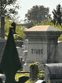 a gravestone in a cemetery with the name stark on it