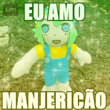 a stuffed animal with green hair and blue eyes is standing in the dirt and says eu amo manjericao