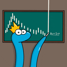 a cartoon of a snake pointing at a chalkboard that says " buy dip "