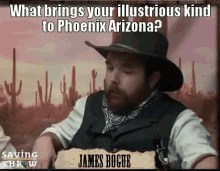 a man with a beard wearing a cowboy hat and a bandana is sitting in front of a desert landscape ..