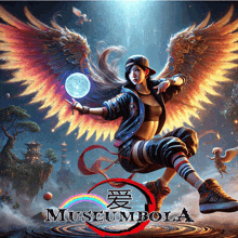 a poster for museumbola shows a woman with wings and a rainbow