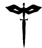 a black and white silhouette of a sword with wings on a white background .