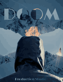 a poster for doom production studio shows a person in a black jacket