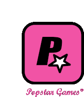 a pink square with a p and a star on it and the words popstar games below it