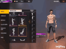 a man without a shirt is standing in front of a selection of emotes in a game called imgplay