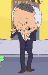 a man in a suit and bow tie is standing in front of a door that says friends