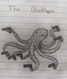 a black and white drawing of an octopus with guns on its tentacles titled the glocktopus