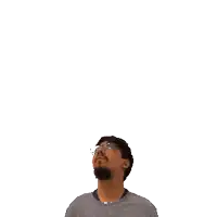 a man with a beard and glasses looks up at the number 18