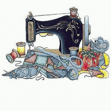 a cartoon illustration of a sewing machine with scissors , spools of thread , and a mouse .