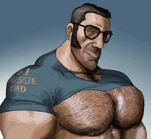 a man with glasses and a hairy chest is wearing a shirt that says aussie dad