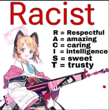 a picture of a girl holding a gun with the words racist on it