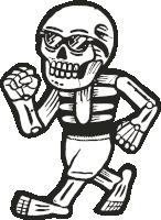 a black and white drawing of a skeleton wearing sunglasses and running