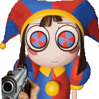 a person holding a gun in front of a jester