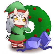 a cartoon drawing of an elf holding a wreath