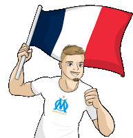 a man holding a flag with droit au but on his shirt