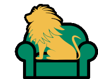 a lion sitting on a green chair with a white background