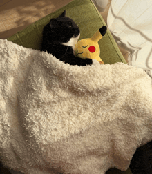 a black and white cat is laying under a white blanket with a stuffed pikachu