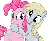 a pink pony and a gray pony are hugging each other on a white background