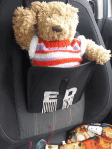 a teddy bear in a striped sweater sits in a car seat with the letter f on it