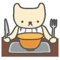 a cat is holding a knife and fork in front of a bowl