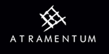 a white logo on a black background with the word atramentum in white letters .