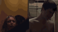 a man without a shirt is standing next to a woman in a shower