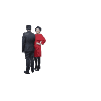 a man in a suit and a woman in a red dress are standing next to each other on a white background