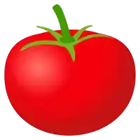 a tomato with a green stem and leaves on a white background