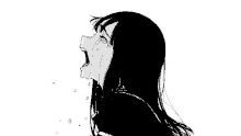 it is a black and white drawing of a girl crying .