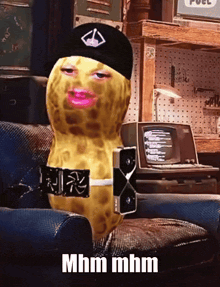 a peanut is sitting on a couch with a belt around his waist and the words mhm mhm below it