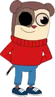 a cartoon monkey wearing a red sweater and blue jeans