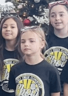 a group of young girls are standing in front of a christmas tree wearing cheer shirts .