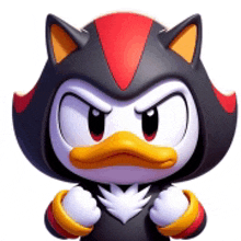 shadow the hedgehog is wearing a duck costume and has a duck beak