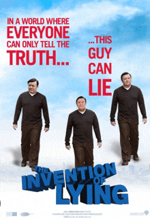 a movie poster for the invention of lying shows three men walking in a line