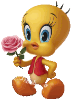 a cartoon character named tweety is holding a pink rose in his hand