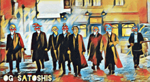 a painting of a group of men wearing face masks with og satoshis written below them