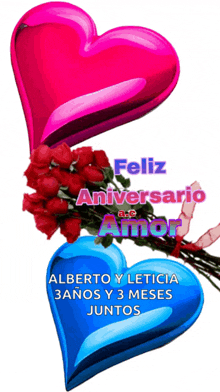 a pink and blue heart with the words feliz aniversario a.e. amor