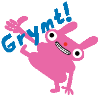 a pink cartoon character with the word grymt written on it