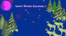 a happy winter solstice greeting card with christmas trees and reindeer