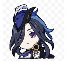 a cartoon drawing of a girl holding a gun with purple eyes