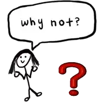 a stick figure with a speech bubble that says " why not " and a red question mark