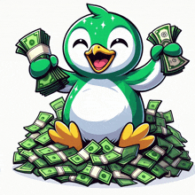 a green and white penguin is sitting on a pile of money