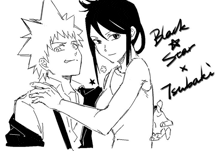 a black and white drawing of a man and a woman with the words black star x tsubaki below them