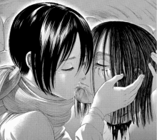 a black and white drawing of a girl kissing another girl 's face