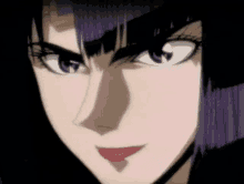 a close up of a woman 's face with purple hair and a shadow on her face .