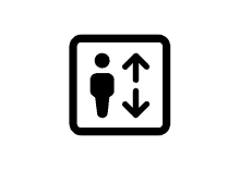 a black and white icon of a person in an elevator with arrows pointing up and down .