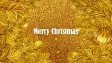 a merry christmas greeting card with golden christmas decorations