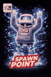 a poster for a video game called spawn point with a robot